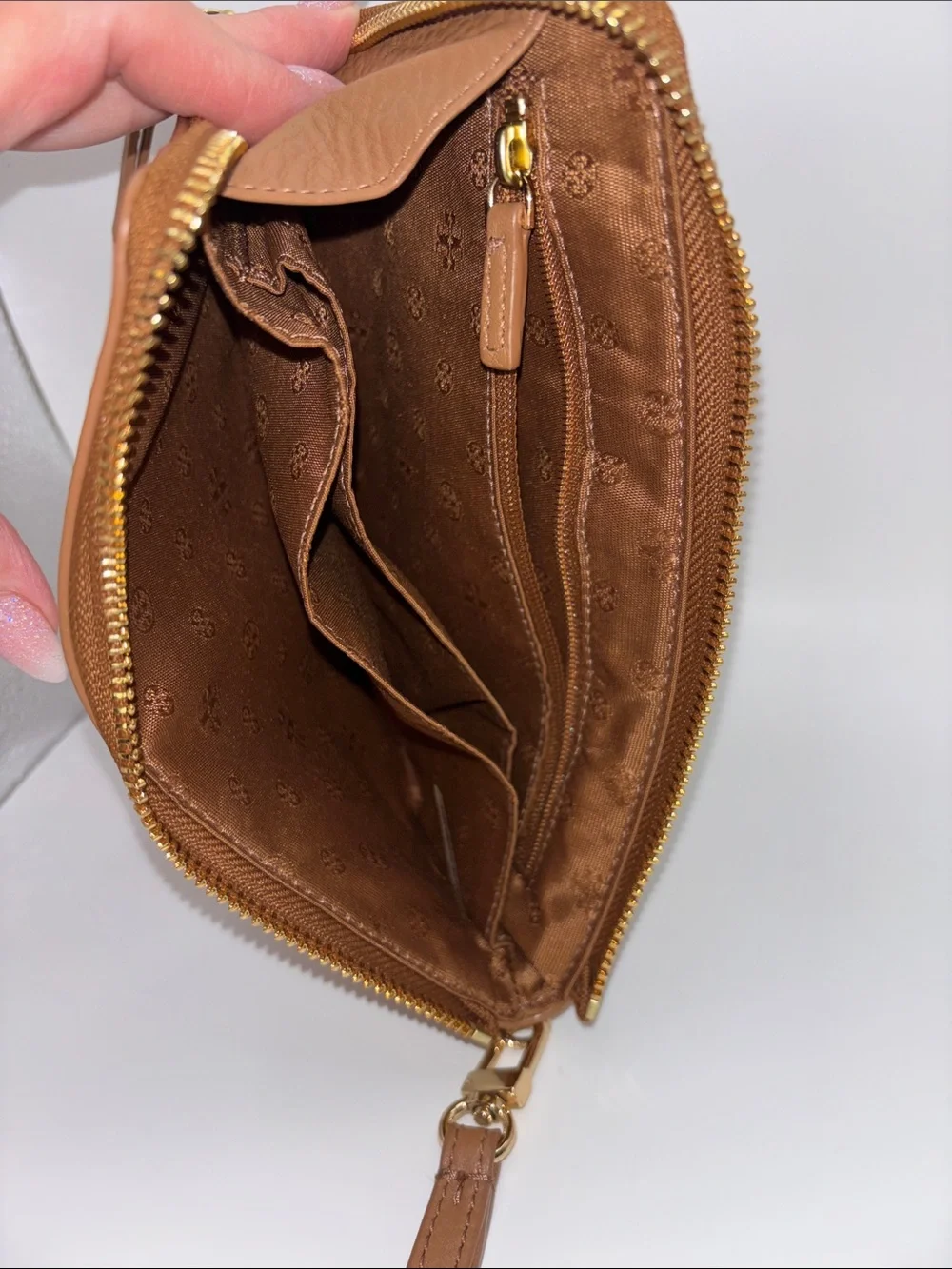 Tory Burch Caramel Leather Logo Wristlet